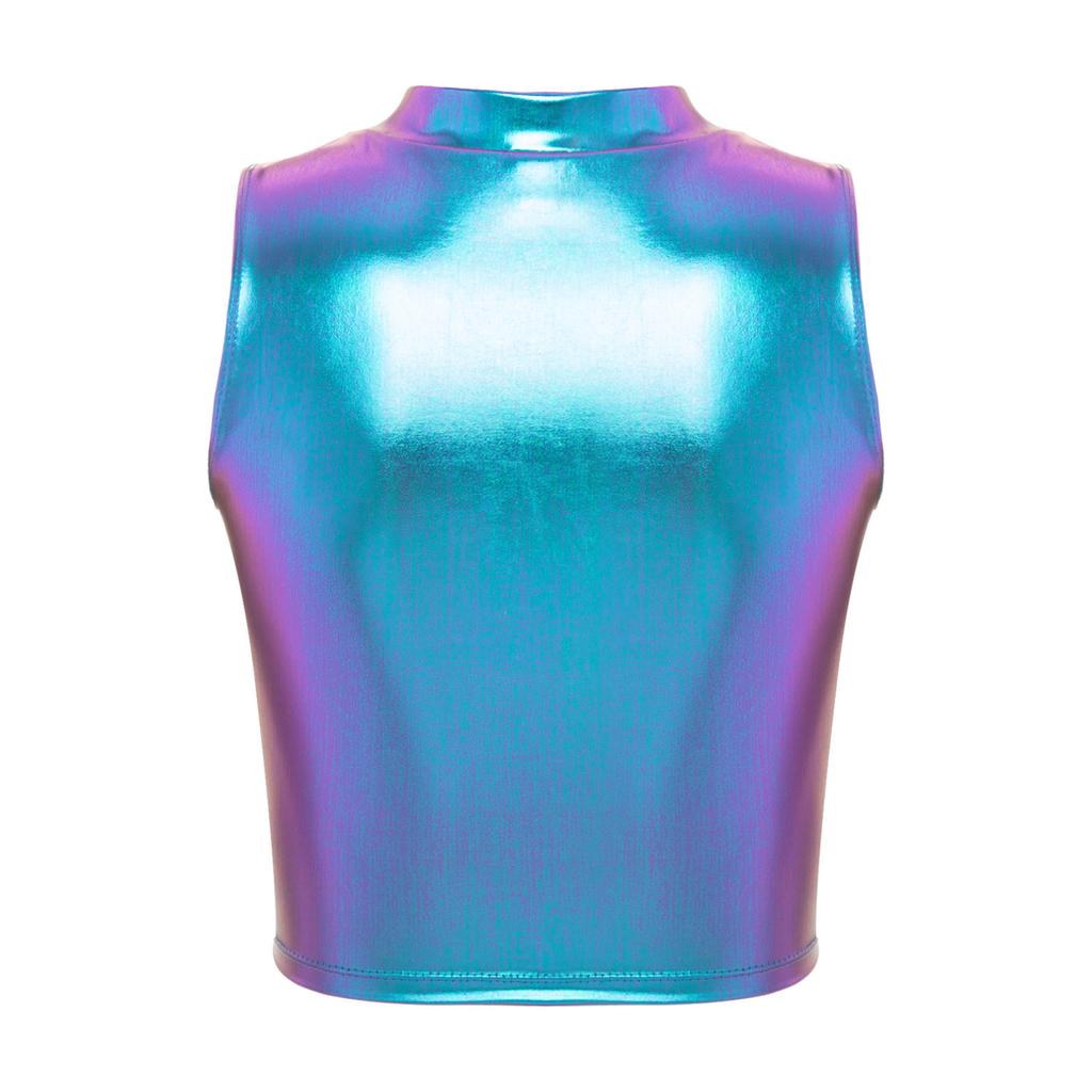 Women's Metallic Mock Neck Crop Top Faux Leather Vest Tops Glossy Rave Party Clubwear