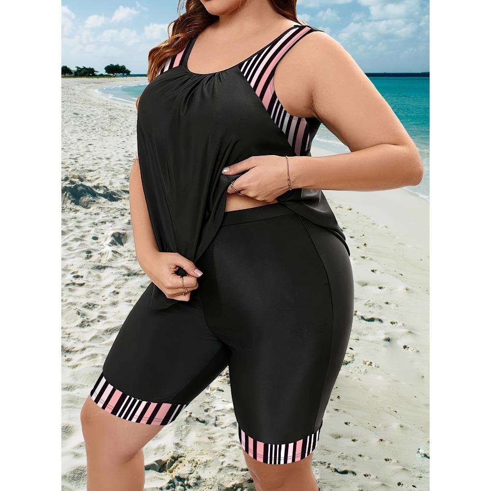 Plus Size Modest Tankini Set, Women's Plus Graphic Print Round Neck Tank Top & Shorts Swimsuit 2 Piece Set