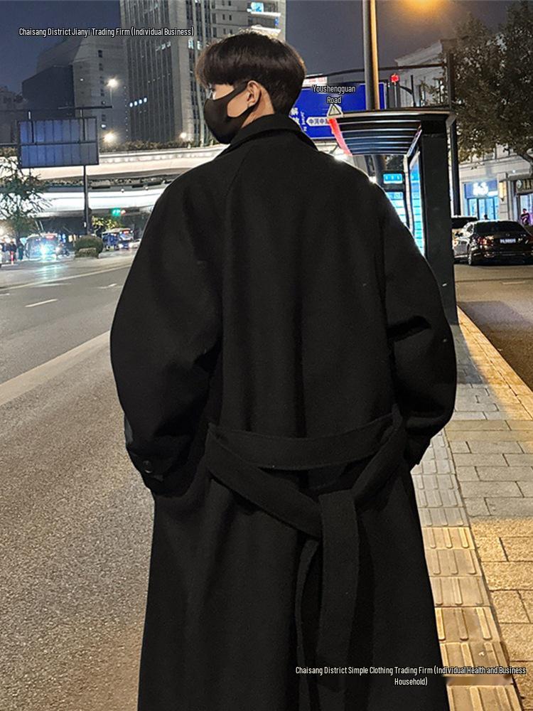 Men's Korean Style Thick Wool Over-the-Knee Trench Coat - Mid-Length, Warm, British Style Winter Jacket