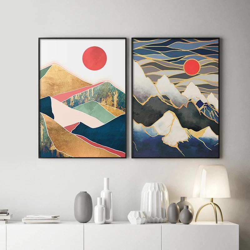 Japanese Cherry Blossom Tone Landscape Poster Pink Sunrise Mountain Picture Wall Art Canvas Painting Modern Room Home Decoration