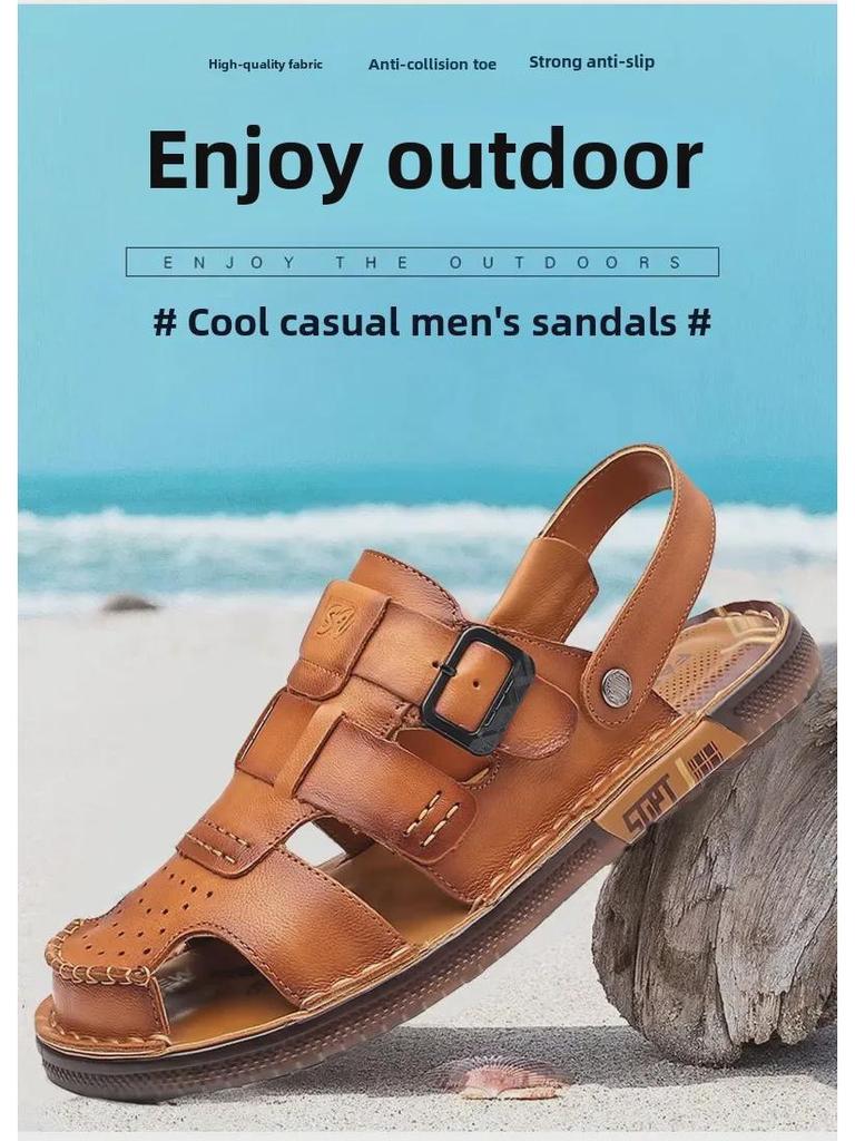 Genuine Leather Men's Summer Sandals - Closed Toe, Non-Slip Outdoor & Driving Shoes with Trendy Cowhide Sole