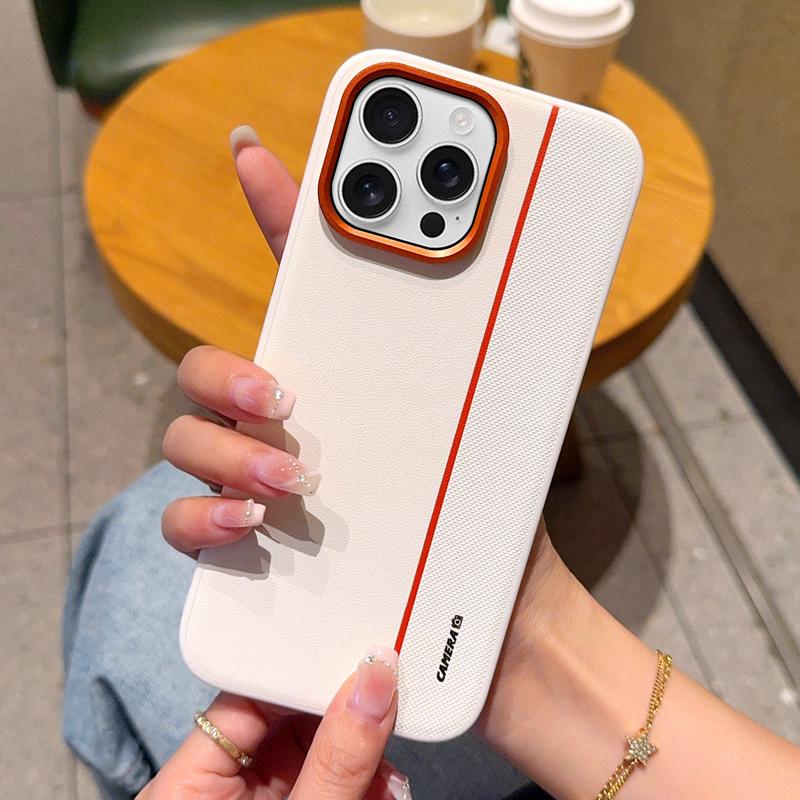 For iPhone 16 Pro Case Splicing PC+PU Leather Phone Back Cover with Metal Lens Ring/Buttons
