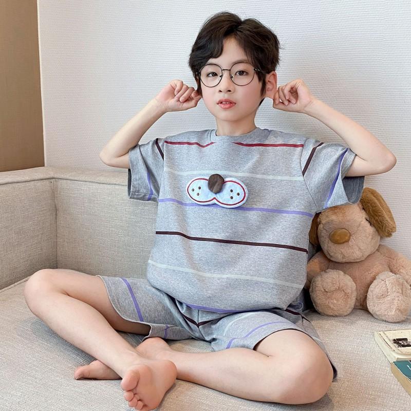 Boys Cotton Pajama Set Short Sleeve Cartoon Print Lightweight Sleepwear Kids Teens