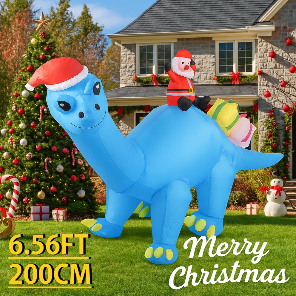 6.56FT Inflatable Toy Blue Dinosaur Santa Xmas Yard Lawn Party Decoration With LED Light Christmas Home Supplies Ornaments Gifts