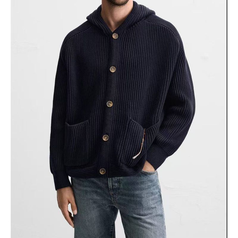 Za2025 Spring New Men s Cotton Loose-Fitting Hooded Terry Stitch Long-Sleeved Cardigan Sweater 9598401 Dark Blue XL