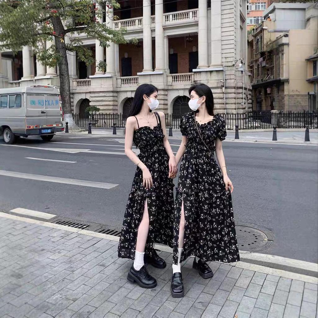 Chiffon Floral Summer Dress for Women - 2025 Design with Slimming Waist, Slit, and Square Neckline