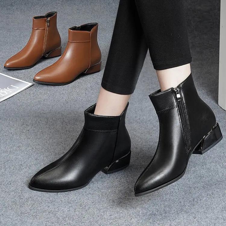 Women's Boots Fashion Casual Leather Boots Pointed Toe Office Formal Shoes for Women Zipper Ankle Boots Botas De Mujer