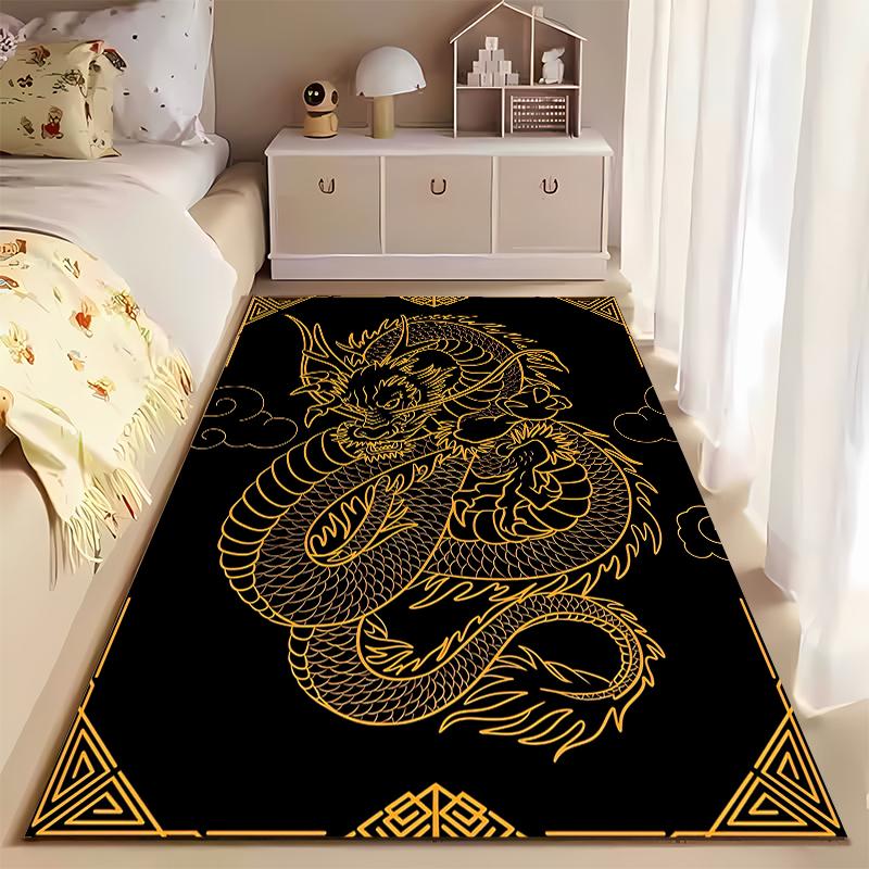 Golden Dragon Patterned Black Carpet with Modern Abstract Oriental Style Suitable for Use As an Anti-slip for Living Room Bedroom Sofas
