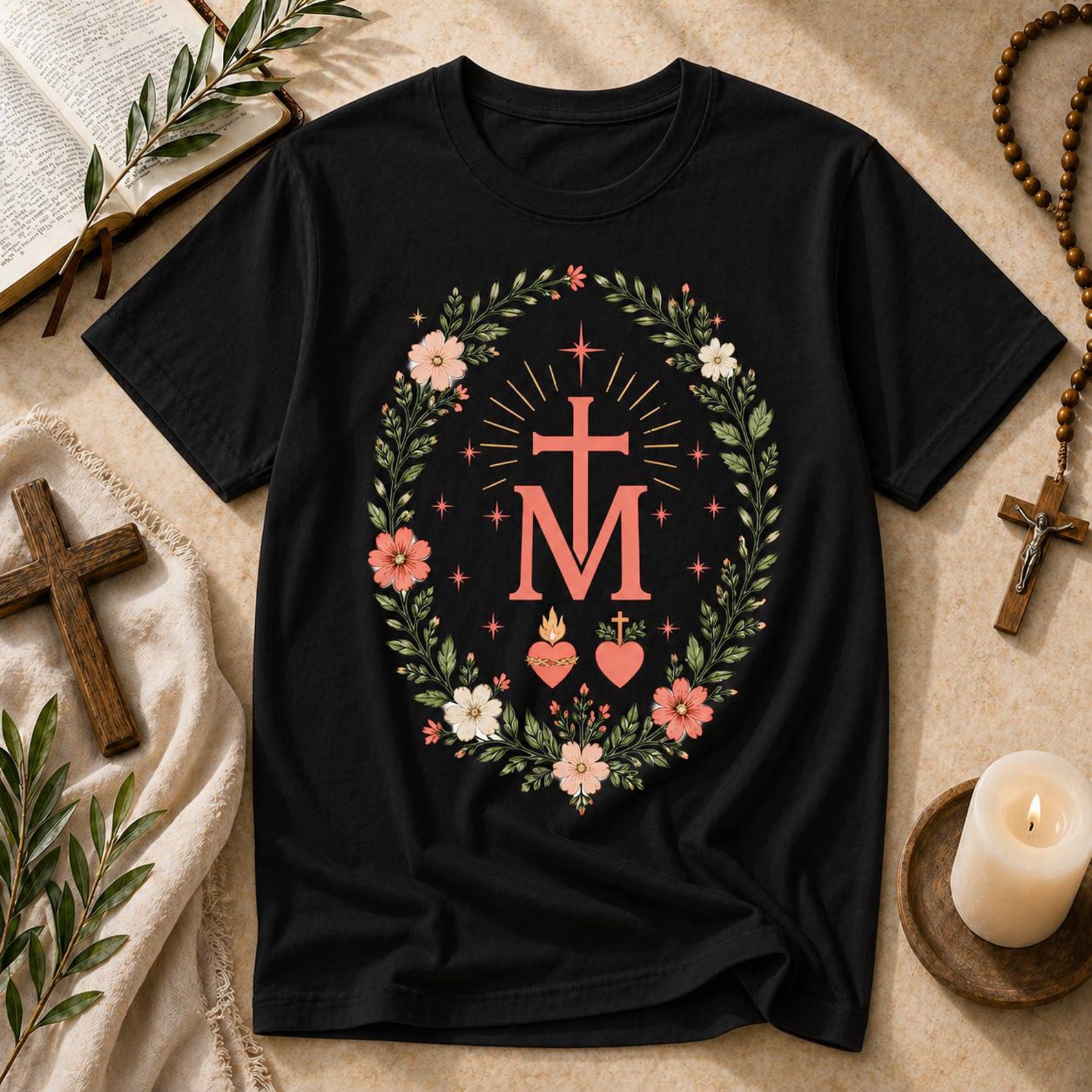 Floral Christian Cross Shirt – Sacred Heart Devotion Tee – Vintage Faith Apparel M