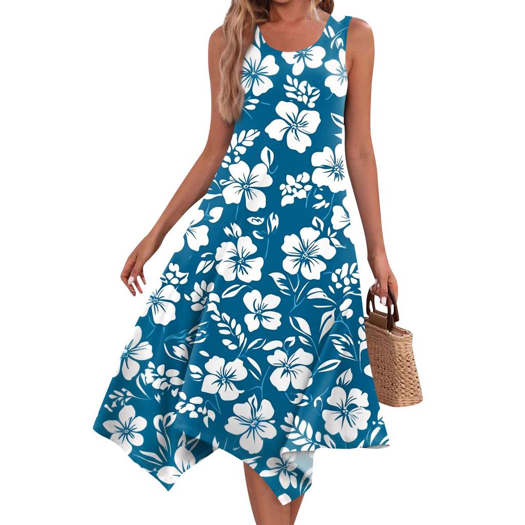 Women's Casual Fashion Round Neck Sleeveless Floral Print Irregular Hem Midi Dress