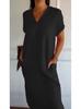 New Spring/Summer Women's V-neck Cotton-Linen Short-Sleeve Slit Loose-Fit Dress