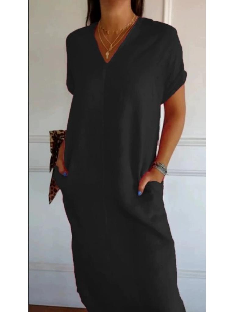 New Spring/Summer Women's V-neck Cotton-Linen Short-Sleeve Slit Loose-Fit Dress