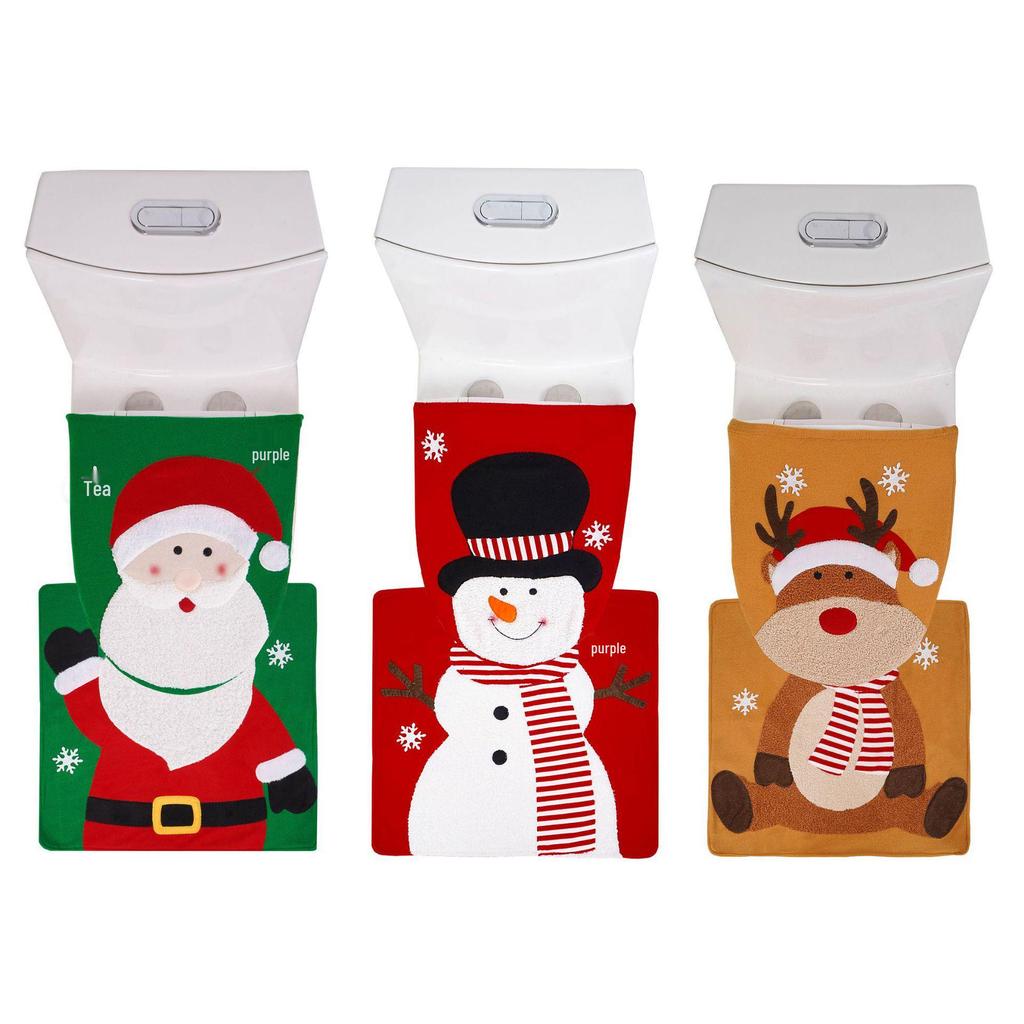 Christmas Toilet Seat Cover Set: Santa, Snowman & Reindeer 2-Piece Bathroom Decor.