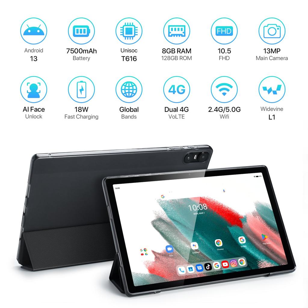 UMIDIGI A13 Tab TF FHD WideVineL1 7500mAh 18W IPS Quad Face Wireless Case Included Tablet, 16GB+128GB+1TB Expansion, 10.51-inch 19201200 8-Core CPU,