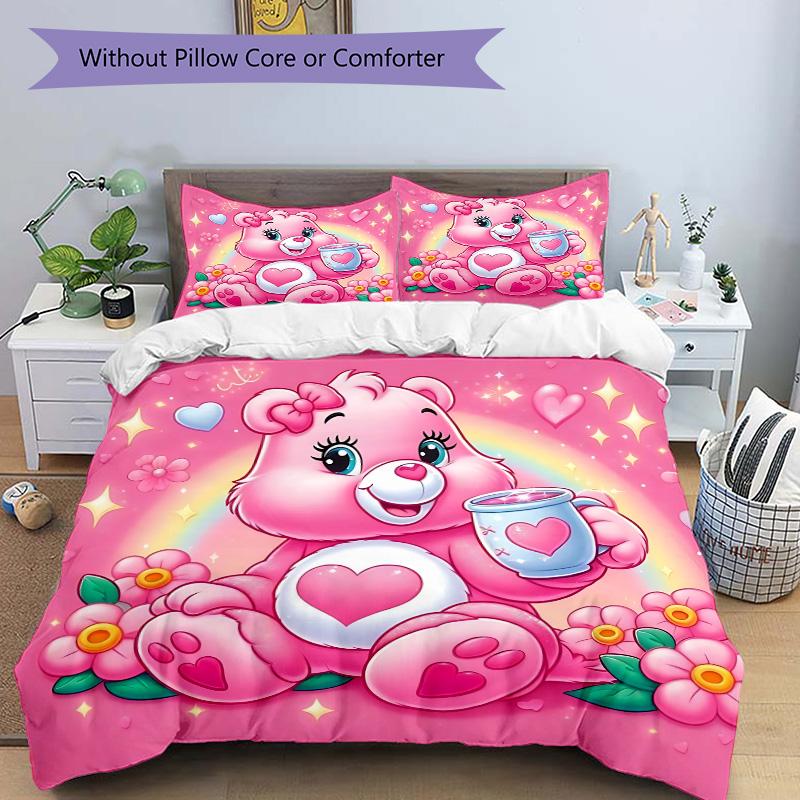 Pink Heart Bear Rainbow Print 3Pcs Bedding Setduvet Cover With 2 Bedropillowcase Home Birthday Gift