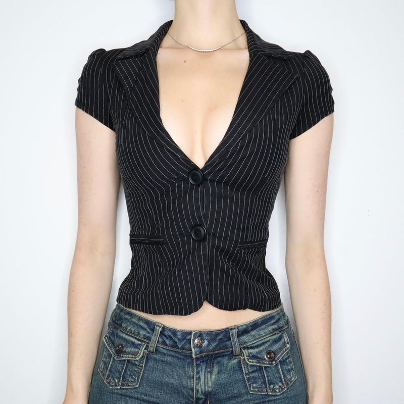 

H Home European and American Women s Clothing Office Siren Style Stripes Low Collar Suit Shirt Niche Style Temperament Waist-Controlled Retro Tops Black L