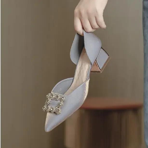 Fashion Women's Spring and Summer New Pointy High Heels Metal Buckle Wine Red Light Mouth Thick Wedding Shoes