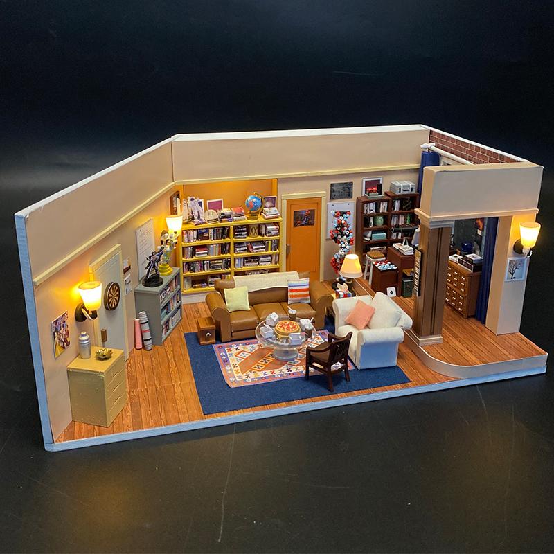 DIY Wooden Sheldons's Apartment Casa Miniature Building Kits Bookend Lights Assembled Bookshelf Home Decoration Friends Gift