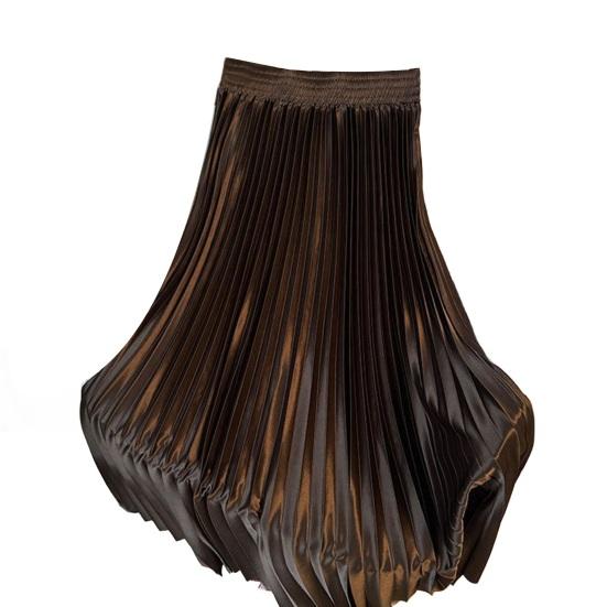 Maxi Skirt High Waist Glossy Long Skirt Solid Color Pleated Design Large Hem Dance Skirt Work Leisure Daily Wear