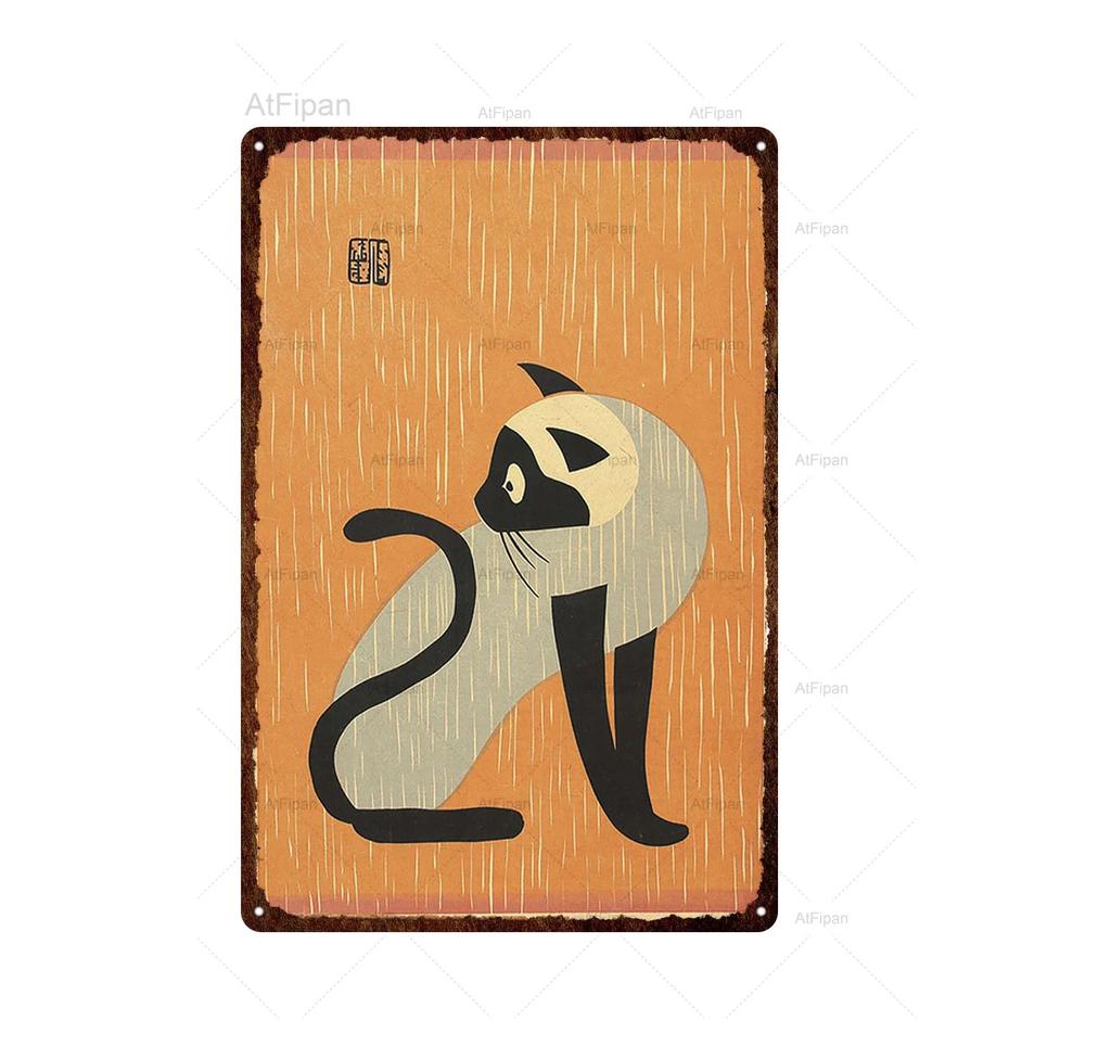 Vintage Japanese Samurai Cat Tin Sign  Retro Metal Wall Art for Home Decor  xCM  Unique Animal Tattoo Design