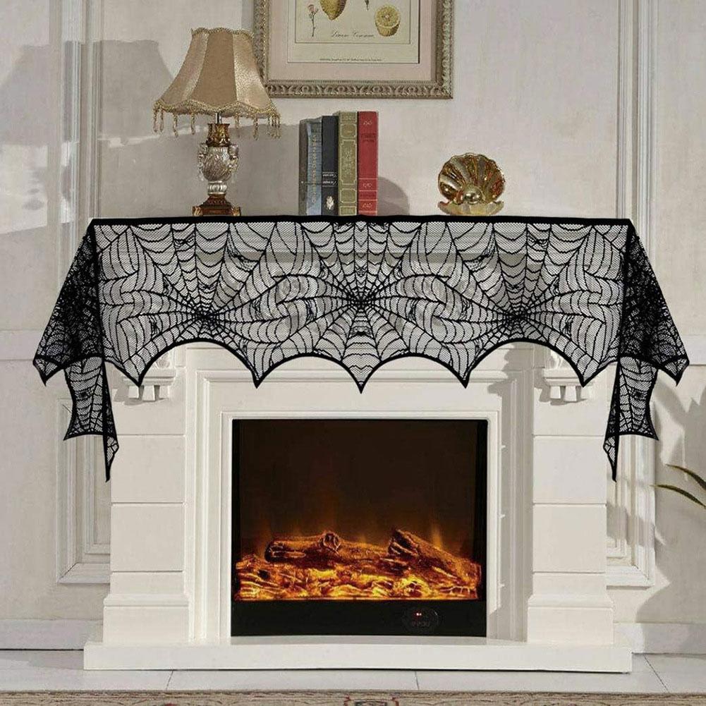 Halloween Lace Spider Web Table Runner Tablecloth Halloween Black Fireplace Mantel Cover for Home Party Halloween Decoration