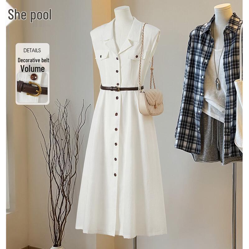 SheePool Women s Sleeveless Lapel Midi Shirt Dress M белый