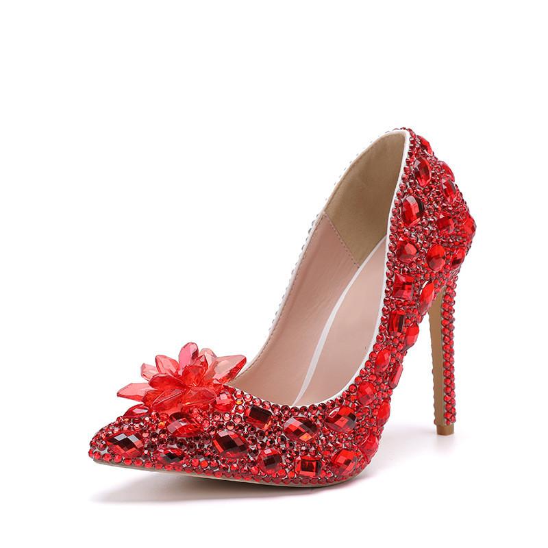 Fashion Luxury Handmade Full Diamonds Rhinestones Women Pumps Fashion Crystal Flowers Stiletto High Heels Lady Banquet Wedding Shones