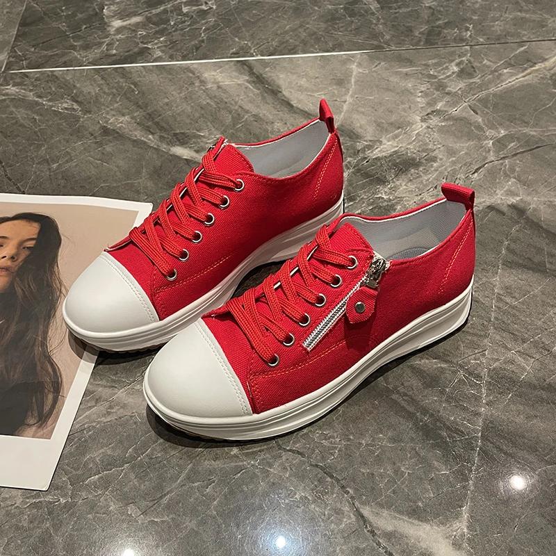 Autumn 4 Color New Women's Shoes 36-43 Thick Soled Versatile Lace-up Small White Shoes Woman Casual Sports Canvas Zipper Shoes