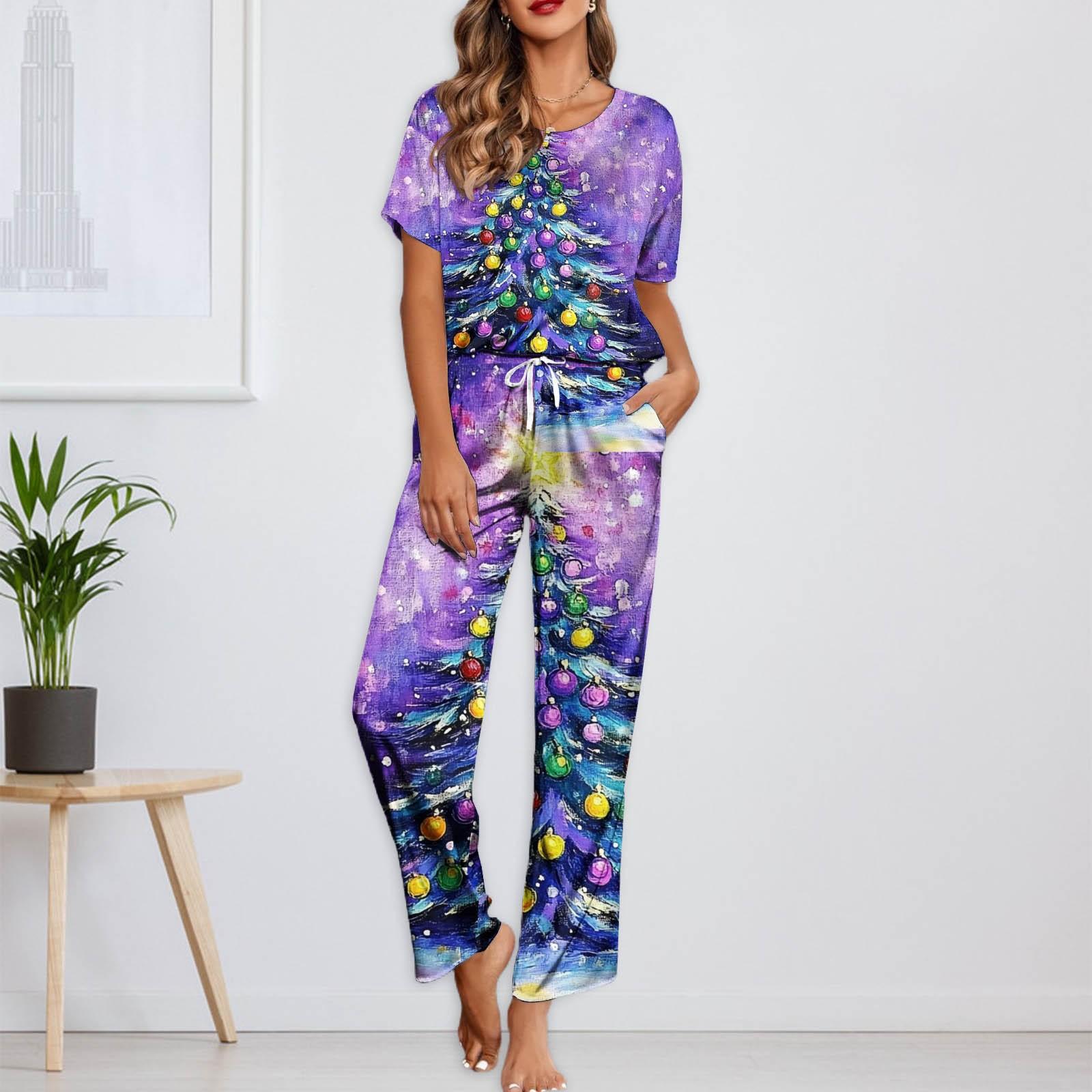 

Женский шелковый атласный пижамный комплект с рождественским принтом, рубашка с коротким рукавом и длинные пижамные штаны, мягкая домашняя одежда L фиолетовый
