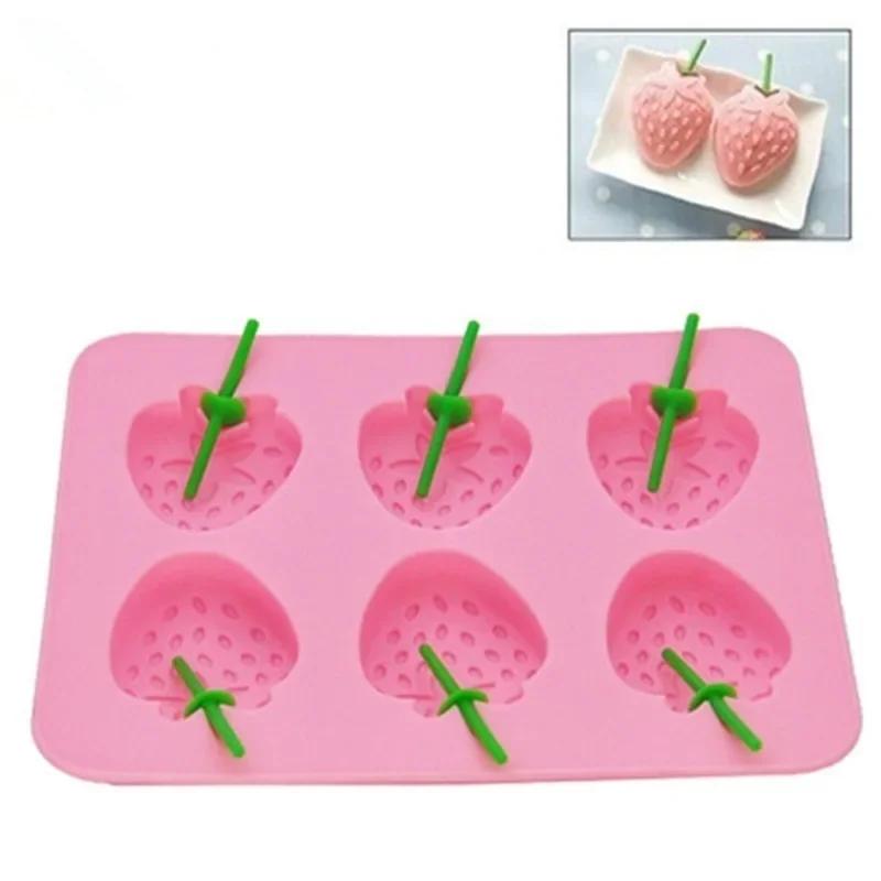 6 Cavity Strawberry Shaped Ice Mold DIY Silicone Ice Cube Tray Ice Cream Maker Lollipop Mold Ice Cube Mold