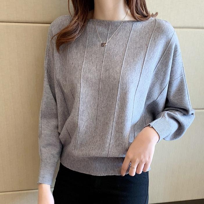 Vertikal gestreifter Strickpullover Damen Herbst Freizeit Fledermausärmel Pullover Damen Locker Einfarbig Langarm Oberteil