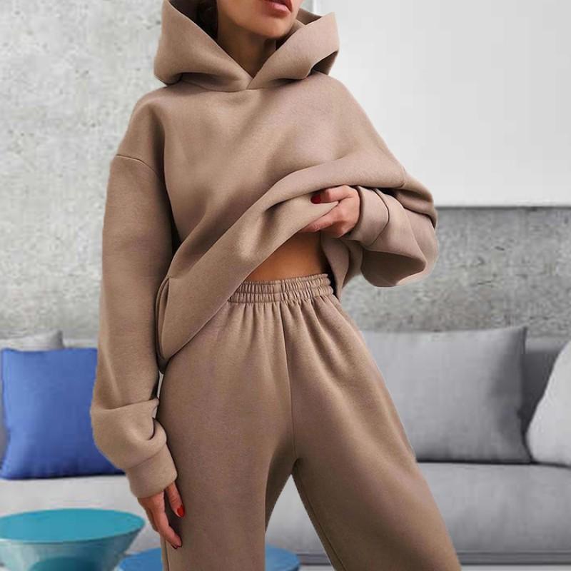 2026 Womens Solid Color Hooded Sweatshirt Jogger Pants Set Casual Two-Piece Outfit Collection