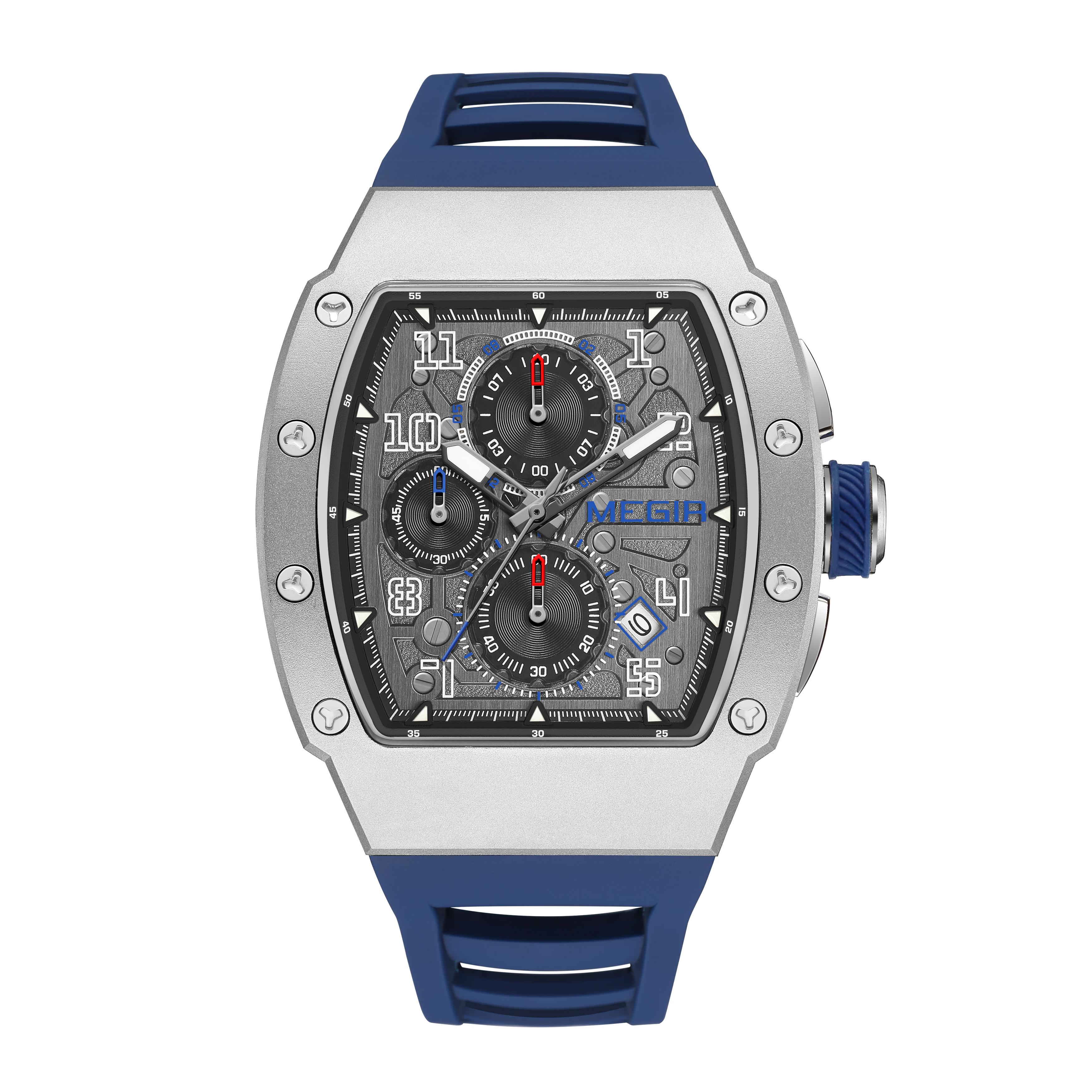 

MEGIR Fashion Sport Watches for Men Stainless Steel Case Waterproof Luminous Military Quartz Chronograph Auto Date Reloj Hombre 8411 синий/серебряный