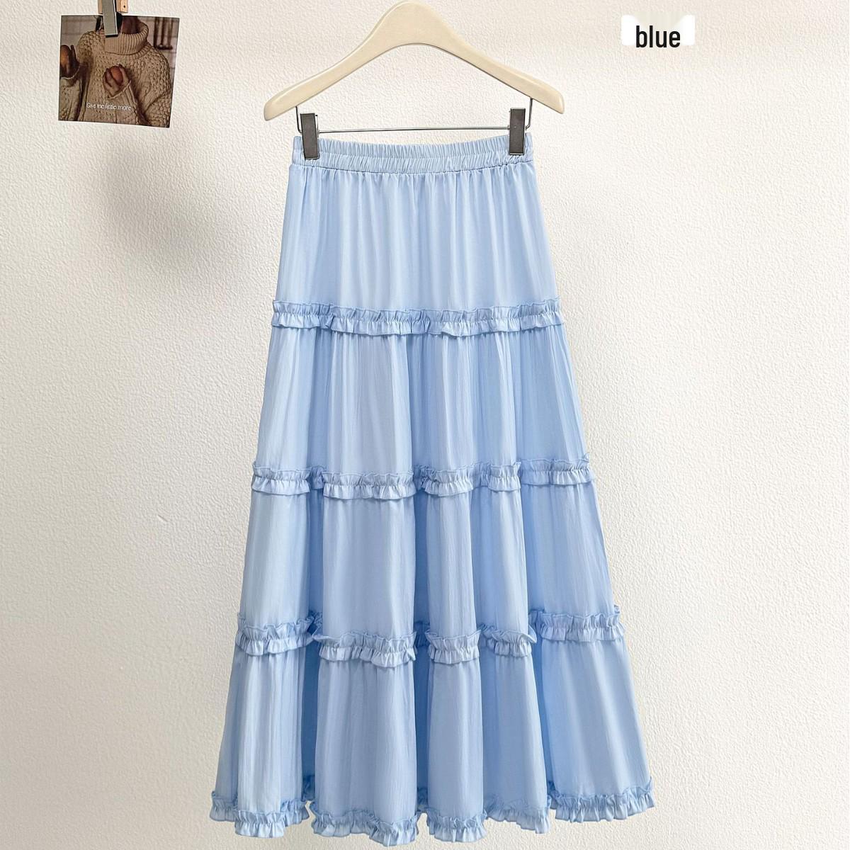 

Spring 2026 Sweet Girly Vacation Cake Skirt - Summer Cream Color with Wood Ear Edge One Size синій