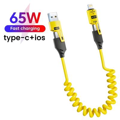 65W Quick Charger Spring USB Cable 4 In 1 Spring Data Cable 6A USB Type C Spring Telescopic Wire for iPhone iPad MacBook Huawei