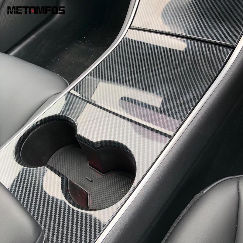 For Tesla Model 3 2017-    Carbon Fiber Center Console Water Cup Panel Cover Trim Sticker Interior Accessories