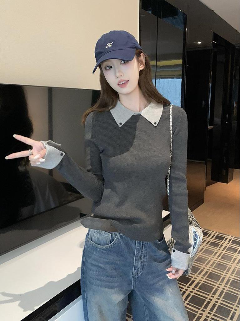 Niche Design Slim-Fit Two-Piece Knit Sweater - Women's Long-Sleeve Base Top for Autumn/Winter