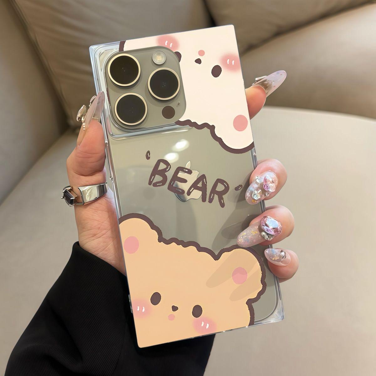 

Square Back Tube Protection Clear Case For iPhone 11 16 ProMax 13 14 Pro Max 15 Plus 12 Anti-Oxygen,Secretly Observing The Little Bear Pattern Casing iphone 11 ProMax