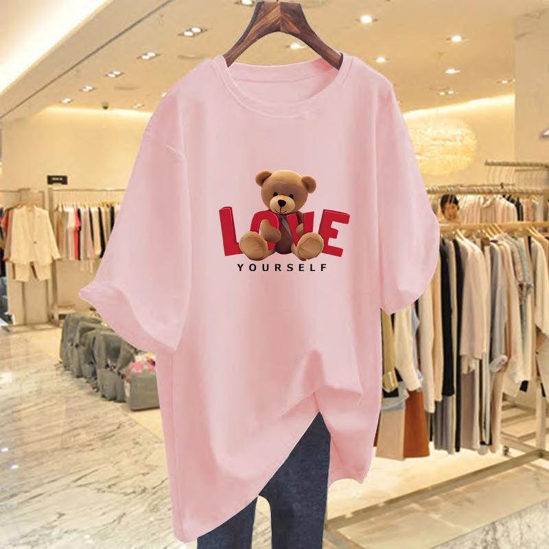 Women's Summer Bear Print Cotton T-Shirt - Korean Style, Loose Fit, Short Sleeve
