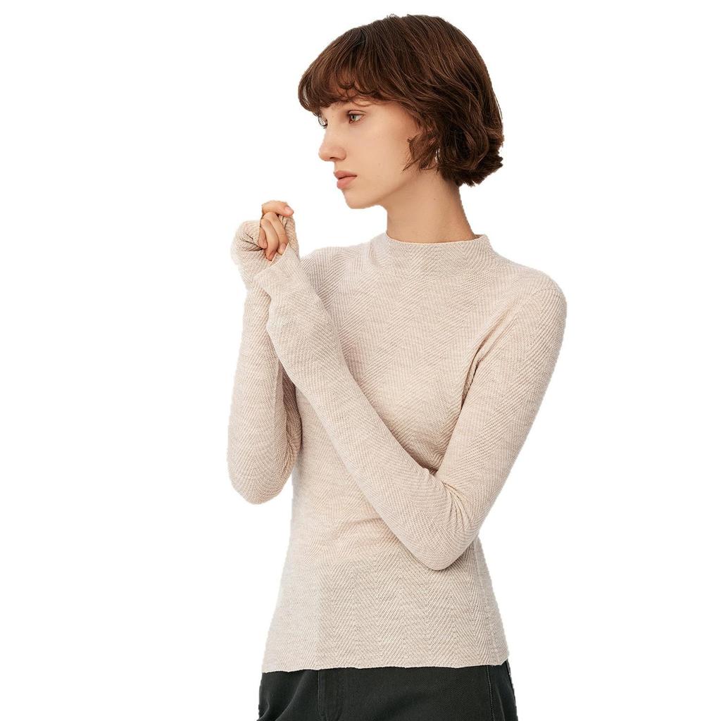 Women's Slim-Fit Long-Sleeve High-Collar Fine-Spun 100% Wool Base Layer Top