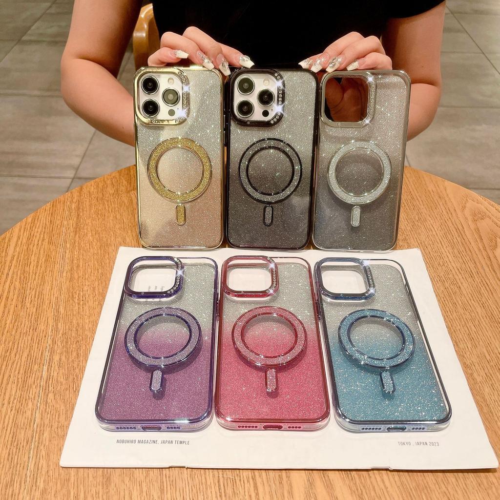 Applicable To IPHONE16 Flash Powder Magnetic Suction Mobile Phone Case Gradient Apple 15 ProMax Diamond 14 Electroplating Protective Case