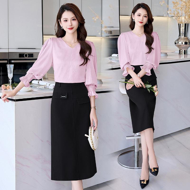 Professional suit skirt spring and autumn new light luxury fashion temperament celebrity shirt hip skirt two-piece set