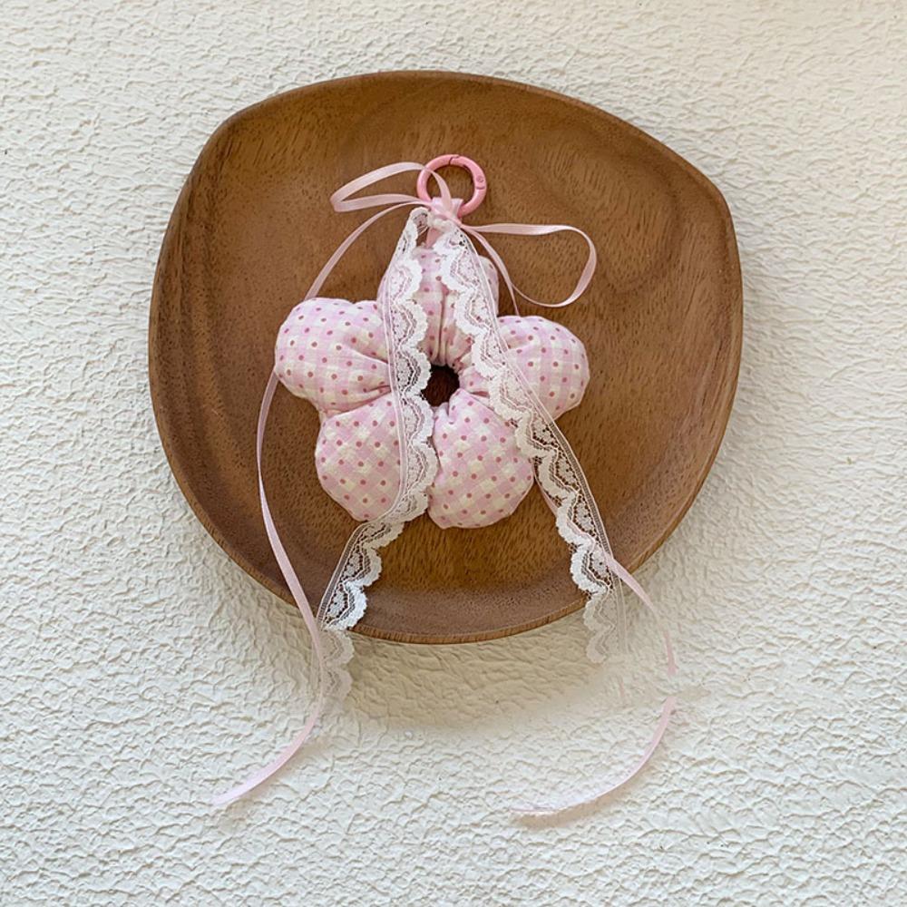 

Korean Style Fill Flower Pendant Polka Dot Hair Rope Key Ring Stuffed Flower Keychain Bag Charm розовый