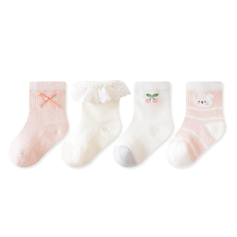 

4 пары/комплект носков для новорожденных девочек, хлопковые мягкие носки принцессы с оборками для девочек, сетчатые тонкие детские кружевные носки на весну и лето 0-5 лет L(3-5y) розовый