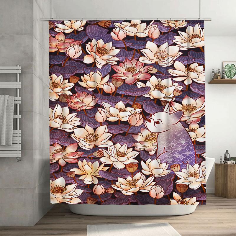 

Unique Lotus Flower Shower Curtain with Cute Animal Design for Bathroom Decor Floral Print Wall Hanging Art Home Decorative Wate 90x180cm
