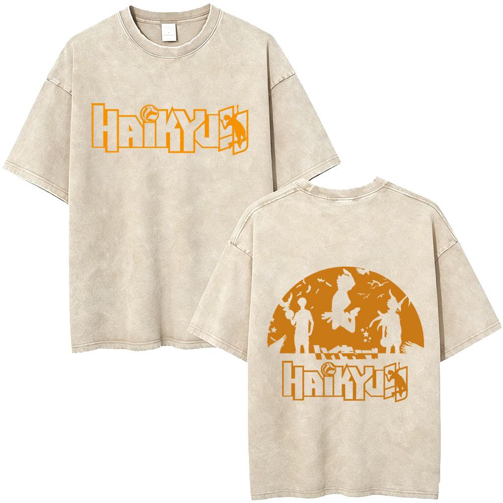 Gewaschenes Vintage Anime Haikyuu KARASUNO Merch T-Shirt Herren Cartoon Manga Oversized T-Shirt Herren Sommer Lässige Kurzarm-T-Shirts