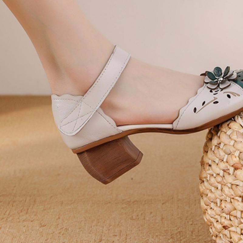 2025 Summer Genuine Leather Shoes Gladiator Sandals Women 4cm High Heels Classic Black Round Toe Hollow Ladies Sandals