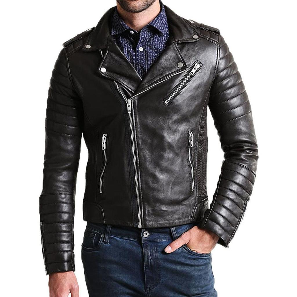SkinOutfit Men's Genuine Lambskin Black Leather Jacket Stylish Motorcycle Bomber Biker Outerwear MJ 220