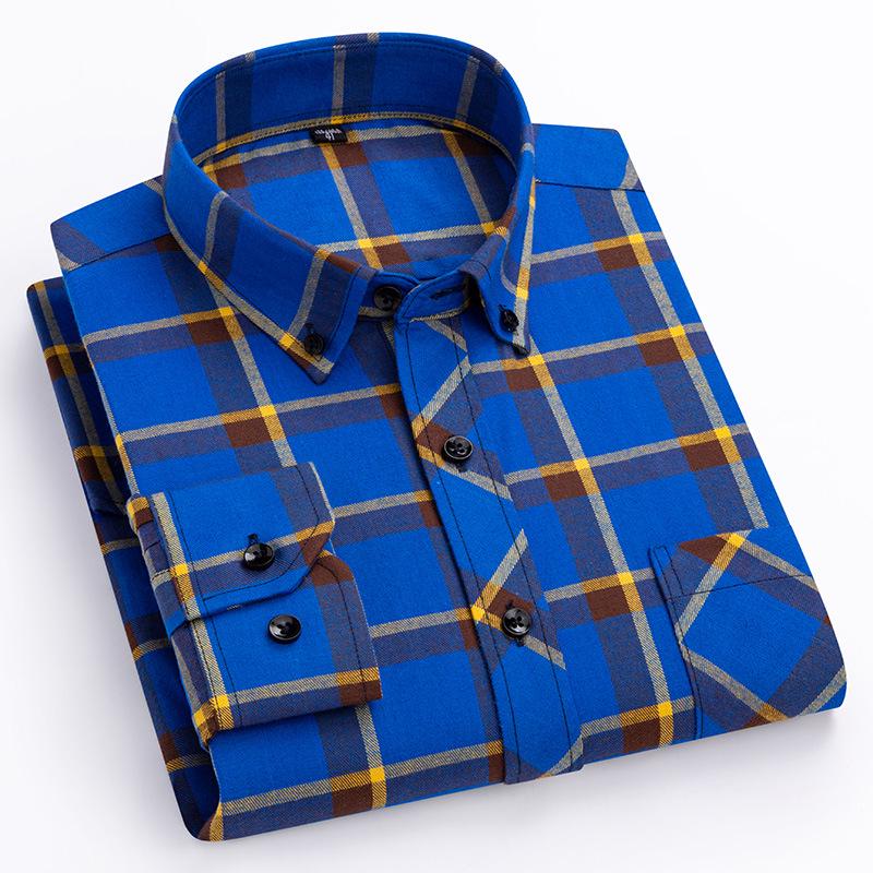 Men's Plus Size Pure Cotton Brushed Plaid Long Sleeve Shirt - Business Casual & Breathable