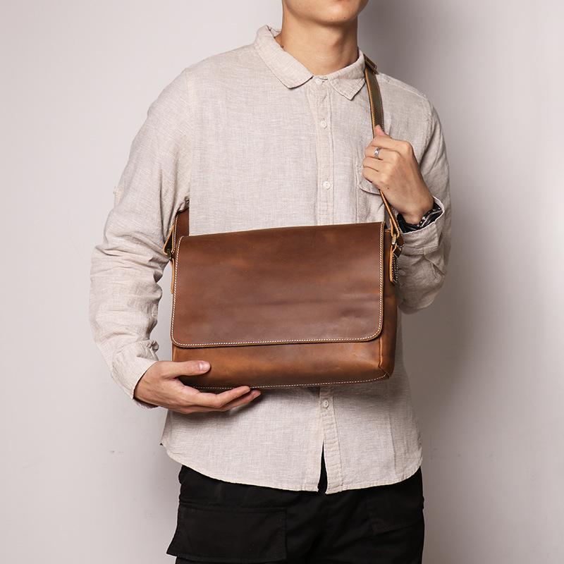 New Retro Handmade Men's Shoulder Bag, Cowhide Crossbody Bag, Casual Crazy Horse Leather Men's Bag, Genuine Leather Mailman Bag